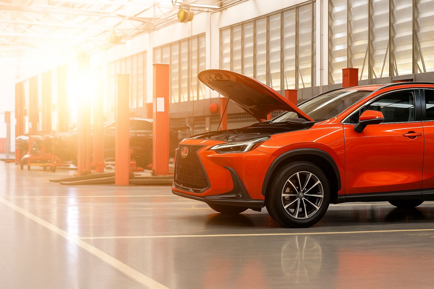 Orange-Lexus in a body shop working with Top Shop